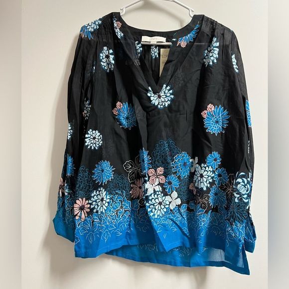 Ann Taylor Loft Black Blue Multi Color Floral Sheer Blouse Size Small Petite - Picture 3 of 10